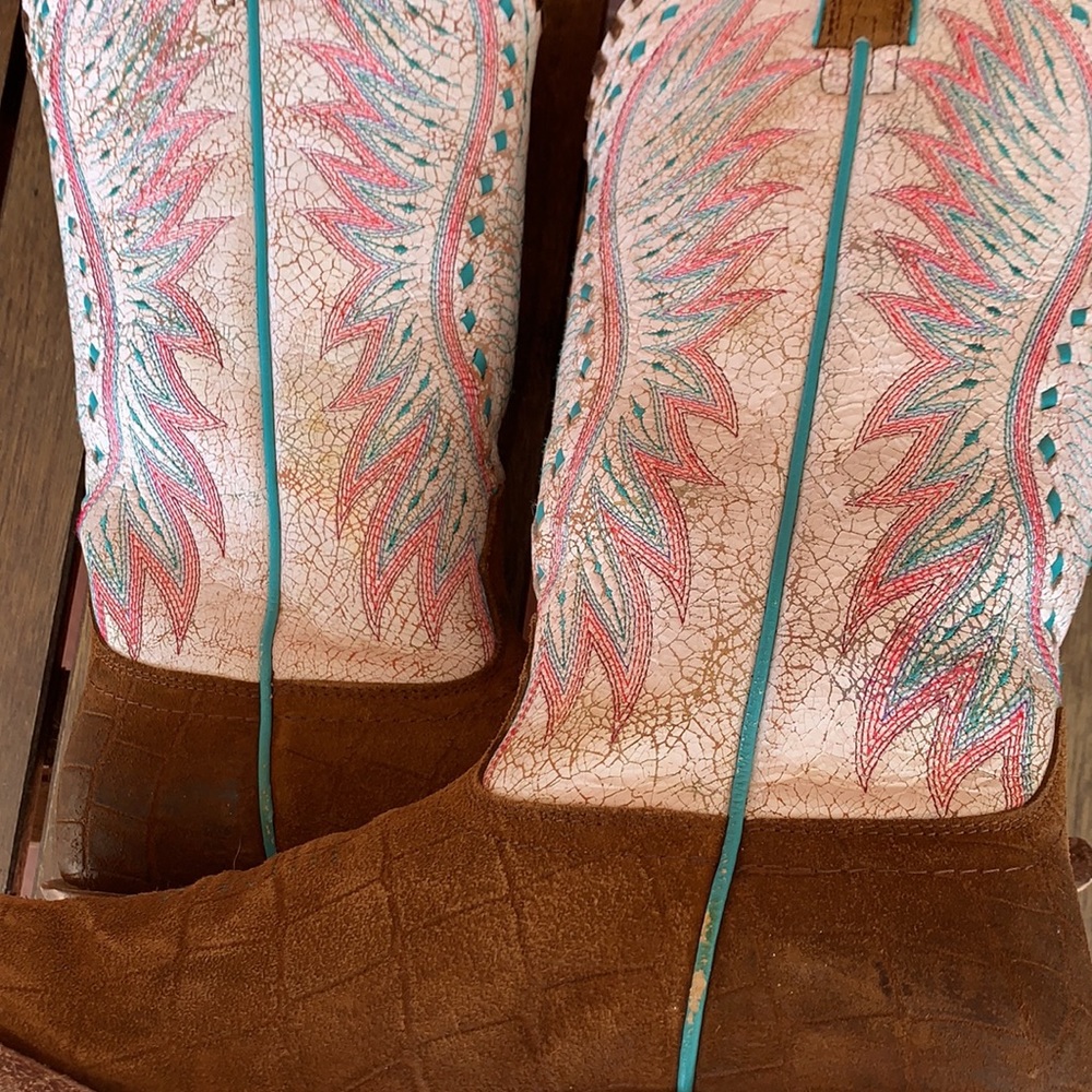 ARIAT ATS Tall Brown White Cowboy Western Boots - Picture 10 of 12